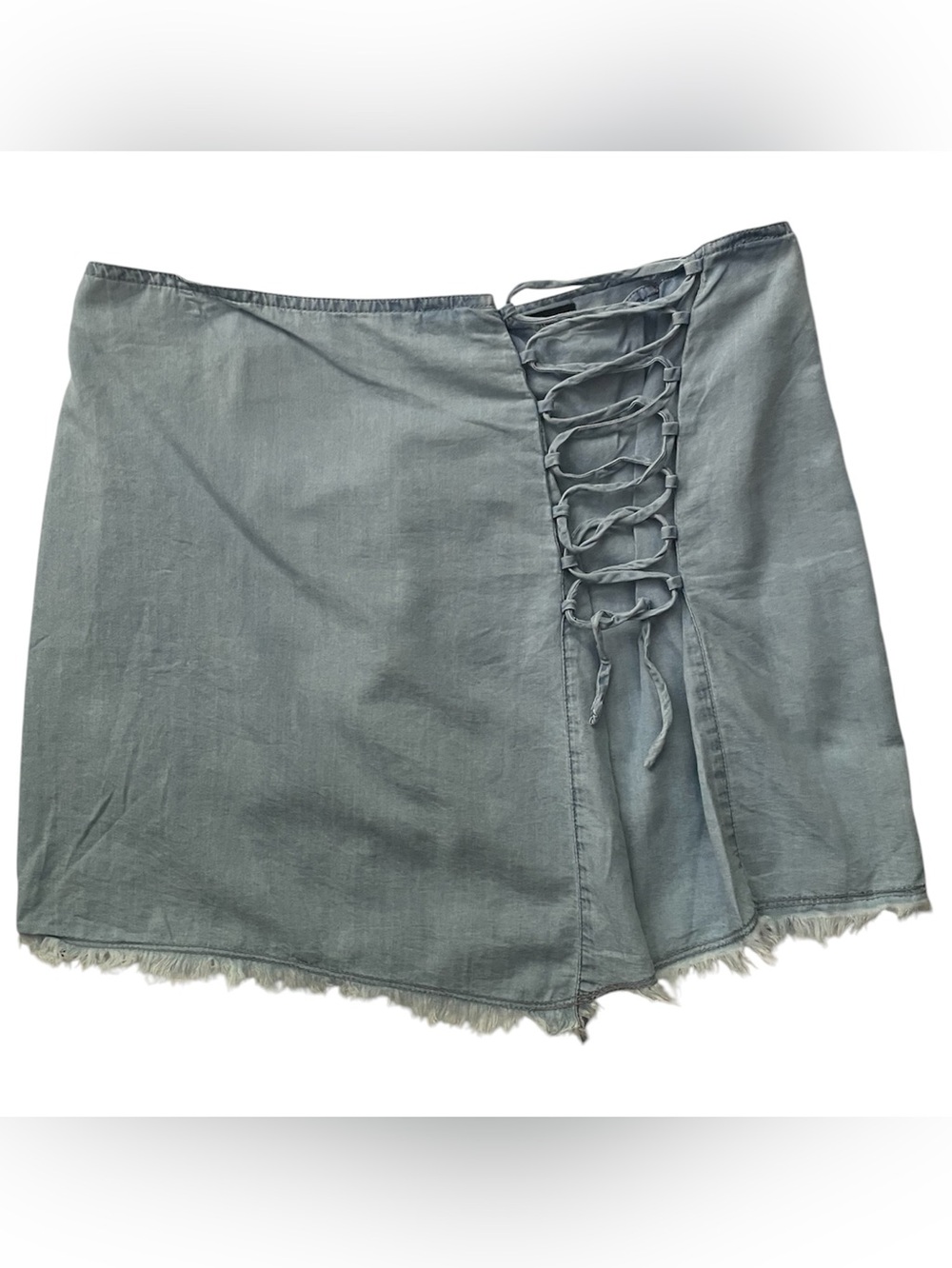 Y2K Denim Lace Up Back Zipper Mini Skirt Asym Frayed Tencel Blend Light Wash M-
